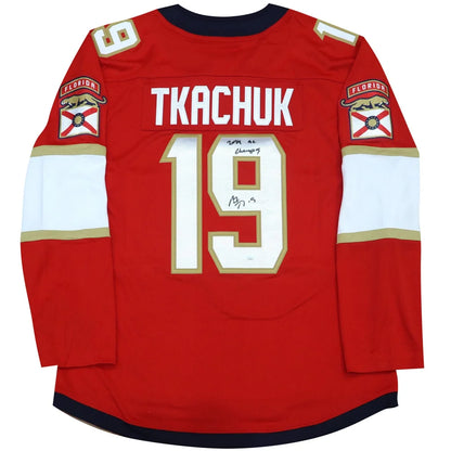 Autographed Florida Panthers Matthew Tkachuk red #19 jersey with 24 SC Champs