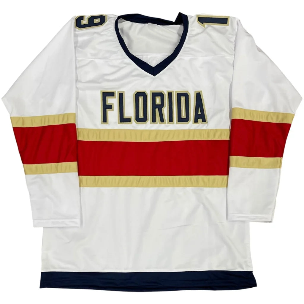 Matthew Tkachuk autographed Florida Panthers custom hockey jersey, white with navy v-neck, red gold stripes