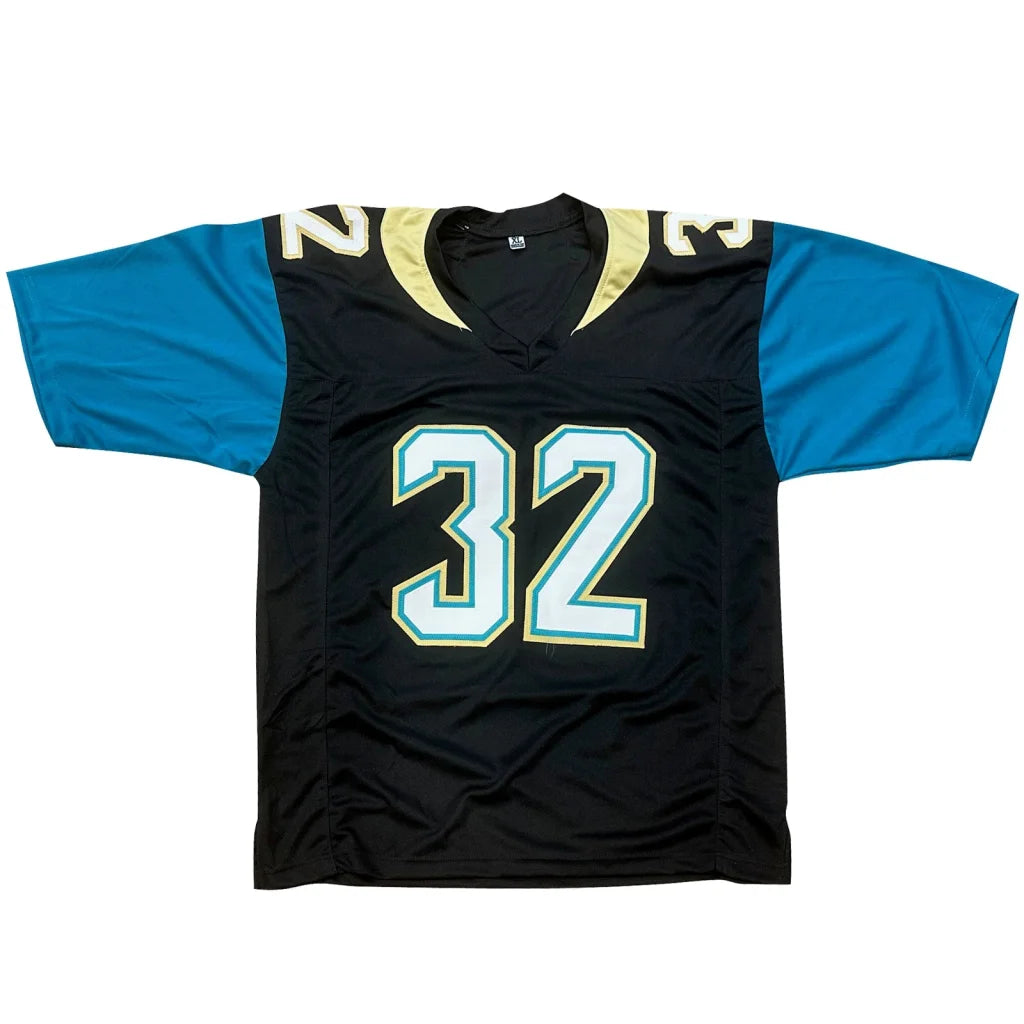 Autographed Jacksonville custom jersey: black with blue sleeves, gold collar, #32