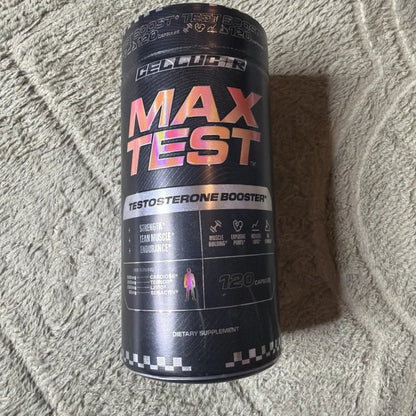 Cellucor Max Test testosterone booster black cylindrical container 120 capsules