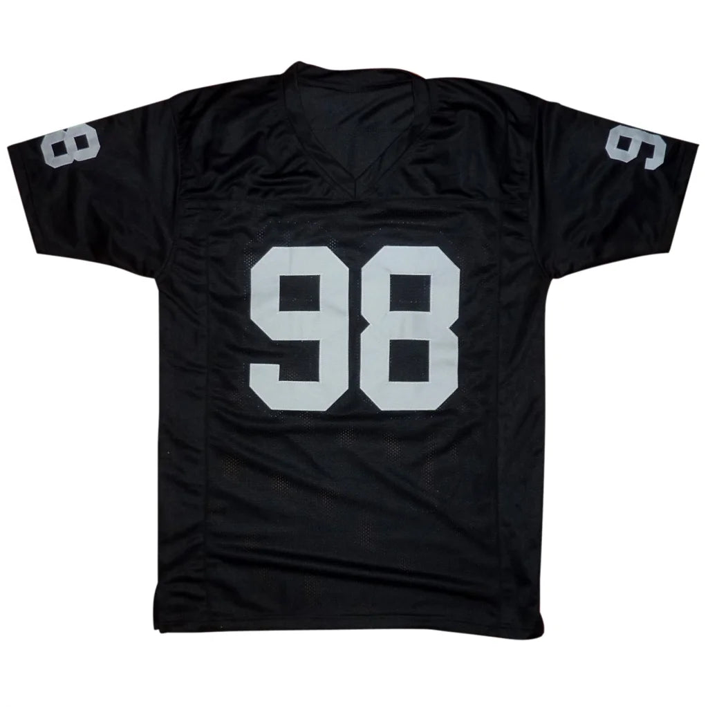 Black maxx crosby autographed las vegas football jersey with white number 98 and mesh fabric design