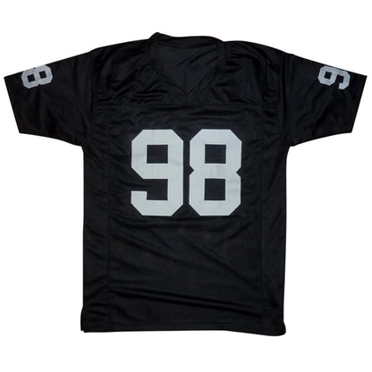Black maxx crosby autographed las vegas football jersey with white number 98 and mesh fabric design
