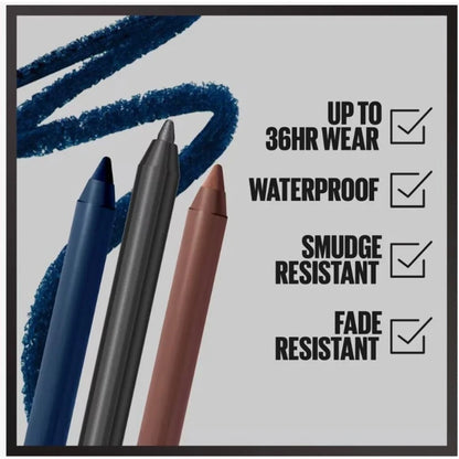 Maybelline Tattoo Studio gel pencil Deep Onyx with blue, silver, rose gold eyeliners