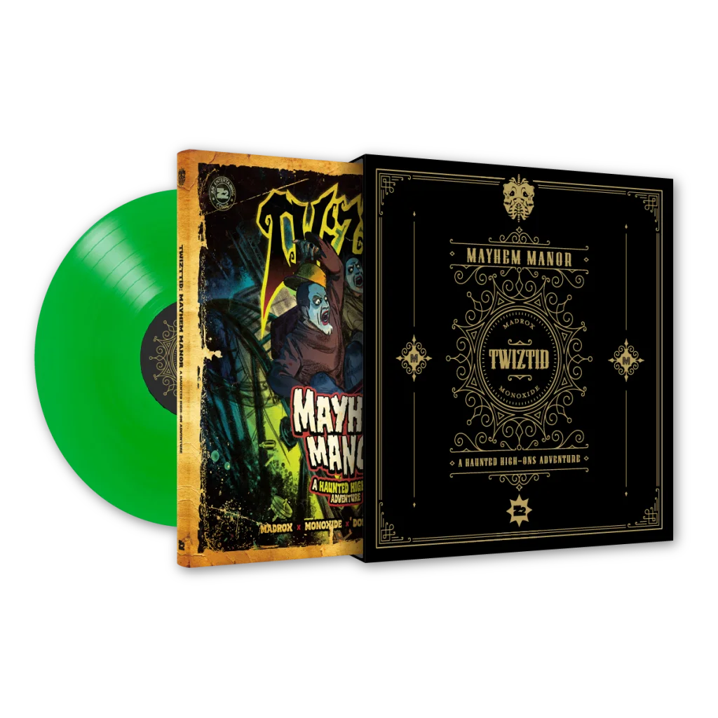 Bright green vinyl record and black album cover with gold lettering from Mayhem Manor limited edition art prints