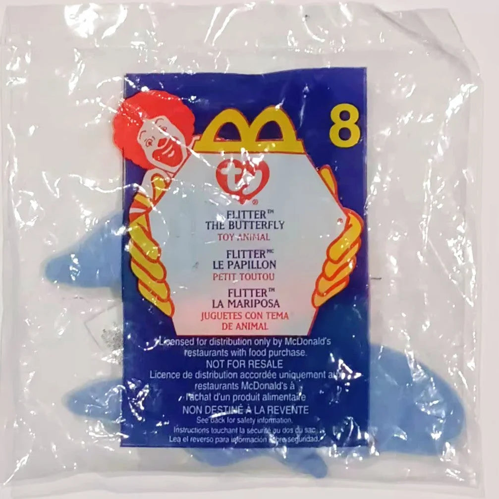 McDonalds Flutter the Butterfly Beanie Baby Toy in blue packaging 2000
