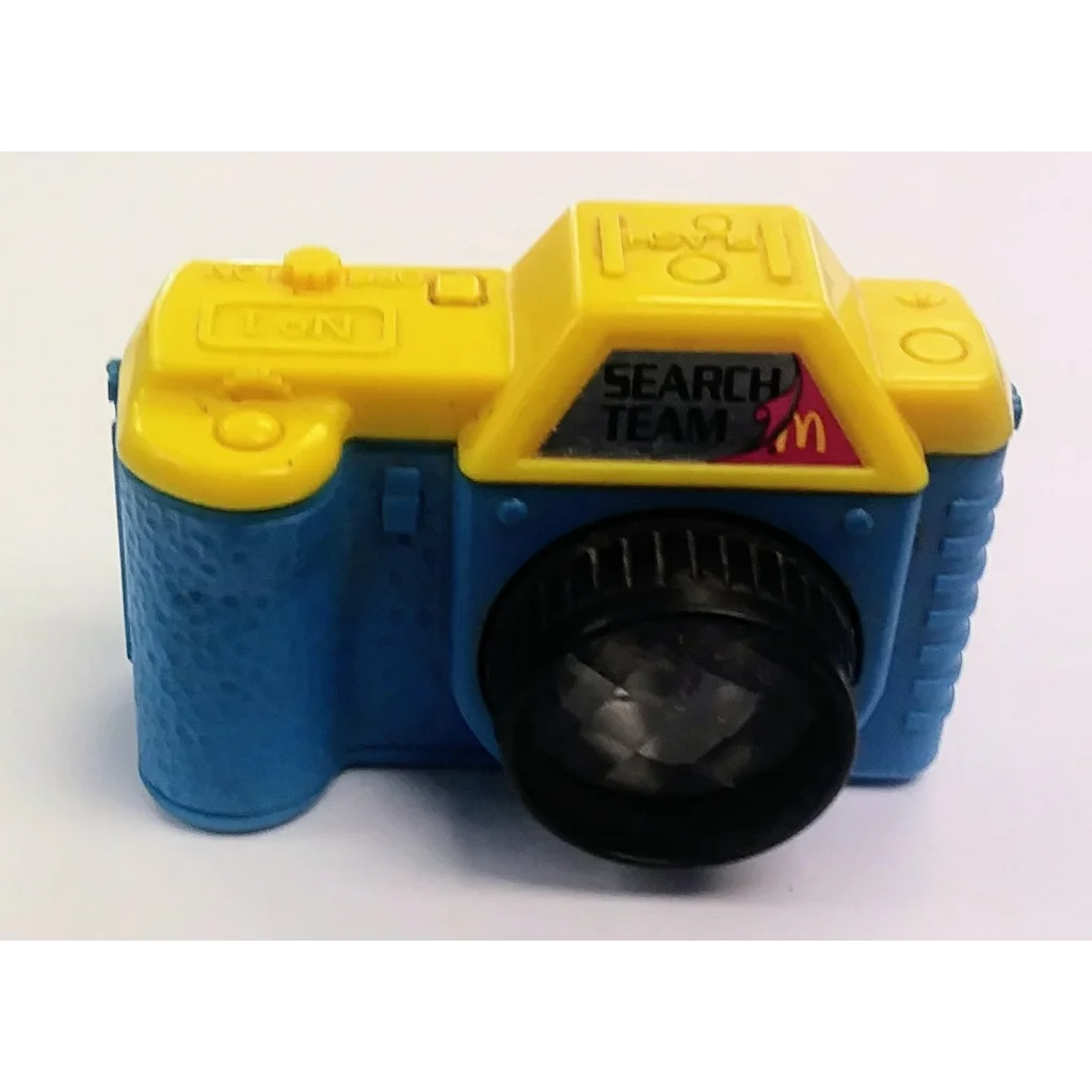 Vintage 1991 McDonalds Lost Arches Camera Happy Meal toy in blue and yellow with Search Team text