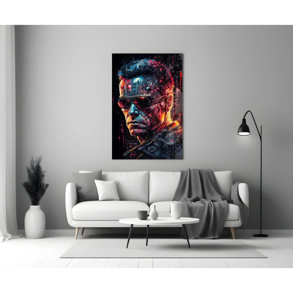Cybernetic Terminator glass wall art with glowing LED circuitry