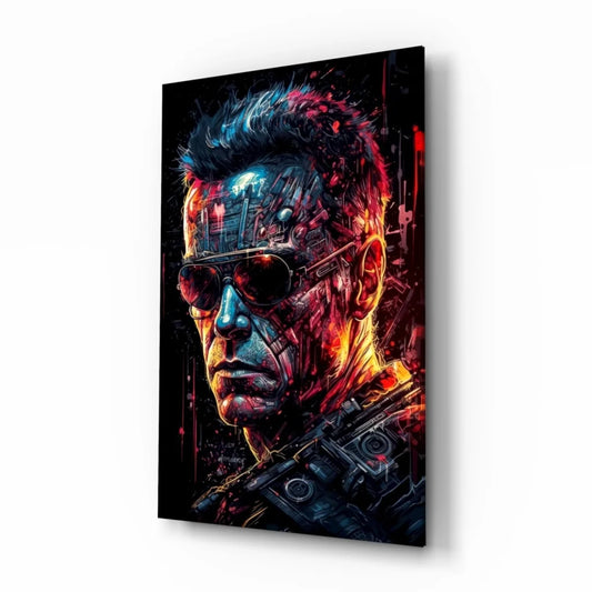 Vibrant terminator cybernetic face in glowing LED glass wall art