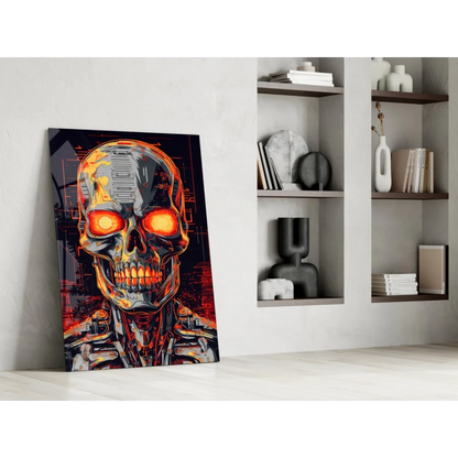 Vibrant glowing cyborg skull glass wall art with orange eyes