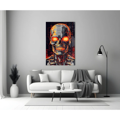 Glowing orange-eyed robotic skull glass wall art