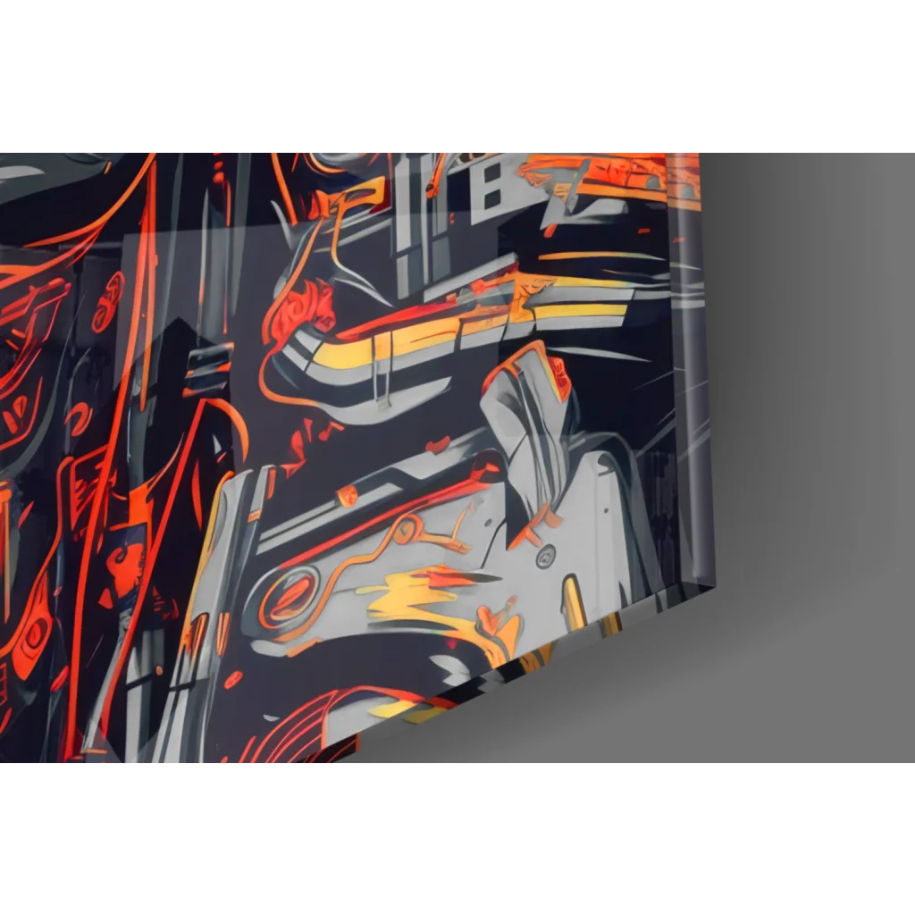 Vibrant glowing cyborg skull glass wall art with orange eyes