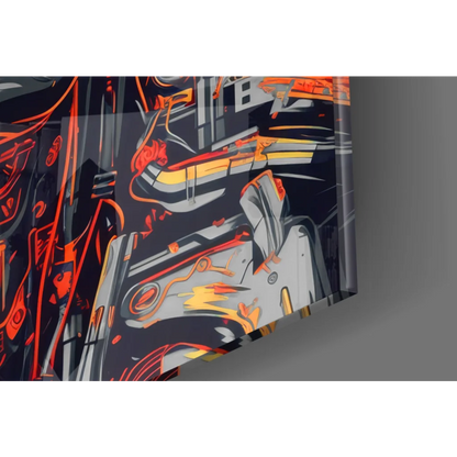 Vibrant glowing cyborg skull glass wall art with orange eyes