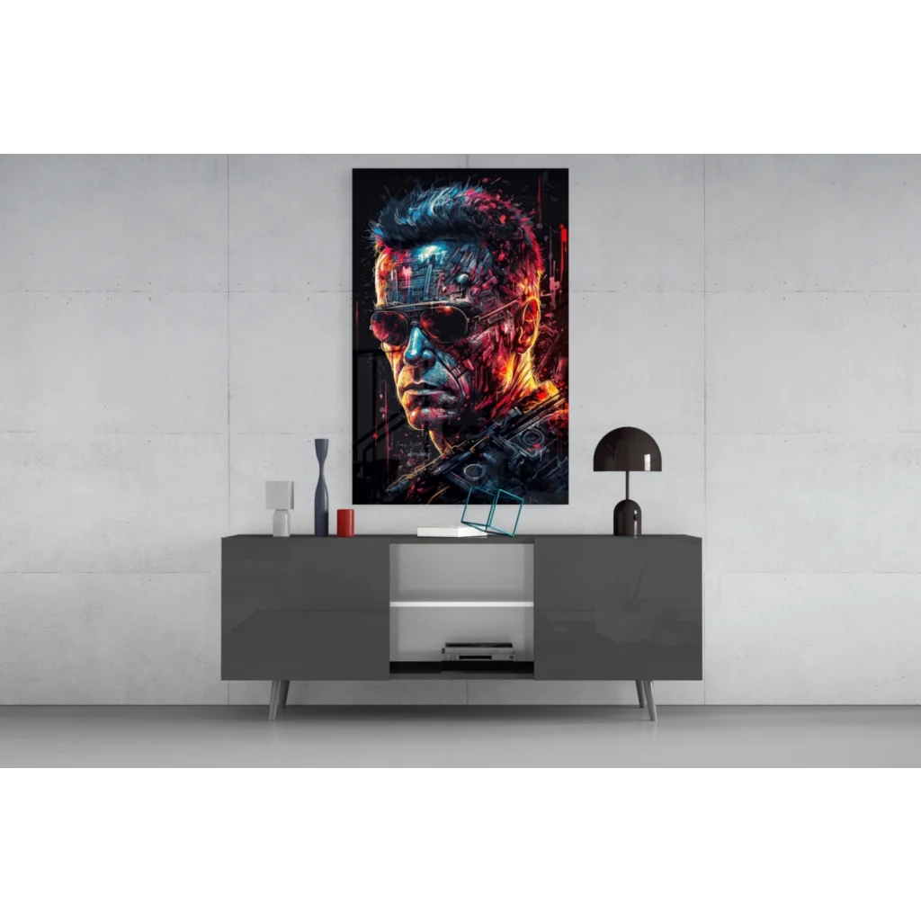 Cybernetic terminator glass wall art with glowing LED neon accents