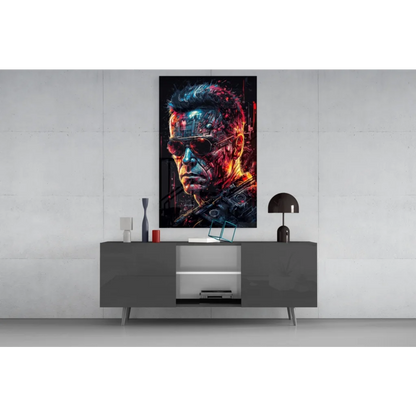 Cybernetic terminator glass wall art with glowing LED neon accents