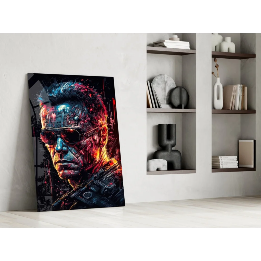 Cybernetic Arnold Schwarzenegger glass wall art with LED glow