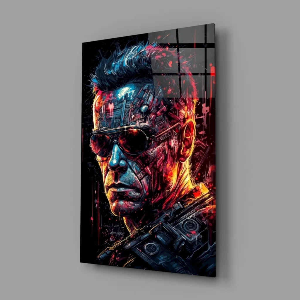 Vibrant cybernetic terminator glass wall art with glowing red blue LED accents