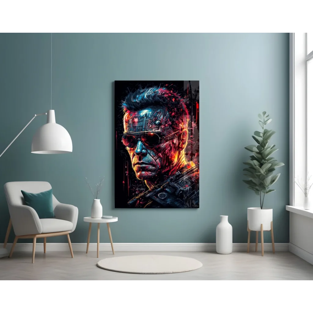 Cybernetic terminator glass wall art with glowing red blue neon LED accents