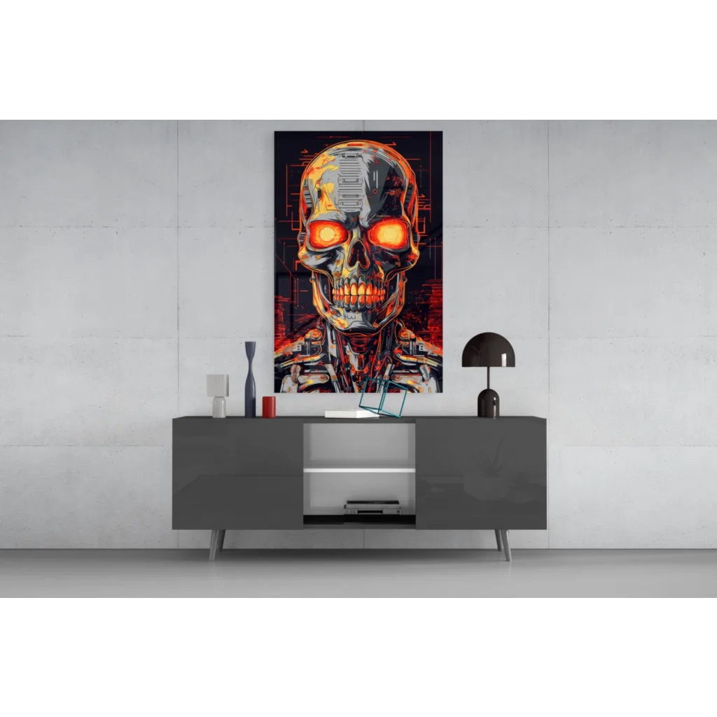 Glowing cyborg skull glass wall art with orange eyes and cybernetic details