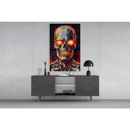 Glowing cyborg skull glass wall art with orange eyes and cybernetic details