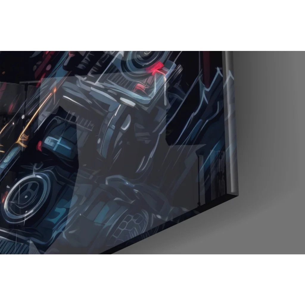 Cybernetic Terminator glass wall art with glowing LED anime machinery