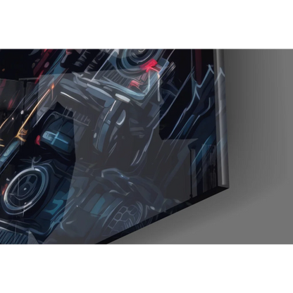 Cybernetic Terminator glass wall art with glowing LED anime machinery