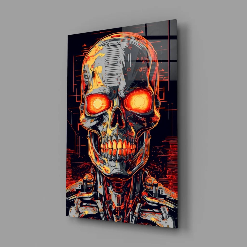 Glowing cyborg skull glass wall art with orange eyes