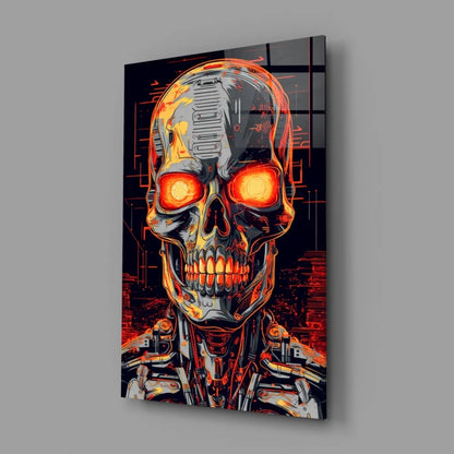 Glowing cyborg skull glass wall art with orange eyes