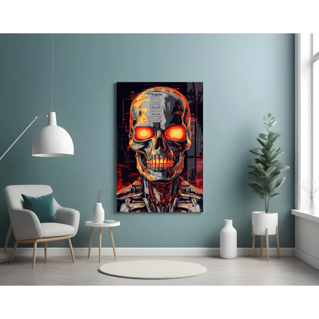 Vibrant glowing cyborg skull glass wall art with orange eyes
