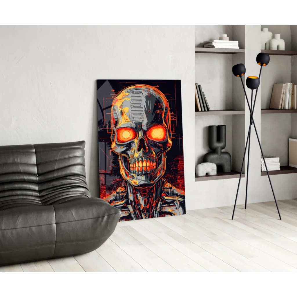Glowing orange-eyed cyborg skull glass wall art on fiery background