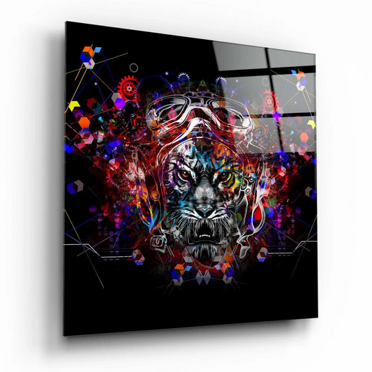 Neon Tiger Aviator Glass Wall Art with Geometric Patterns | Insigneart USA | vintageantiquesgifts.com