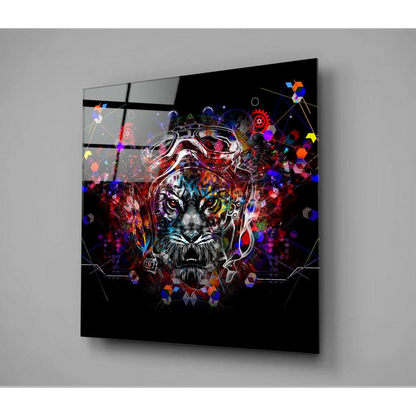 Vibrant neon tiger aviator glass wall art with goggles and geometric patterns