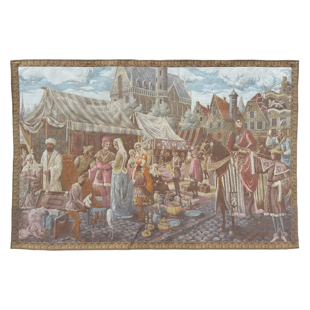 Detailed Medieval Market Belgium wall tapestry in rich earthy tones