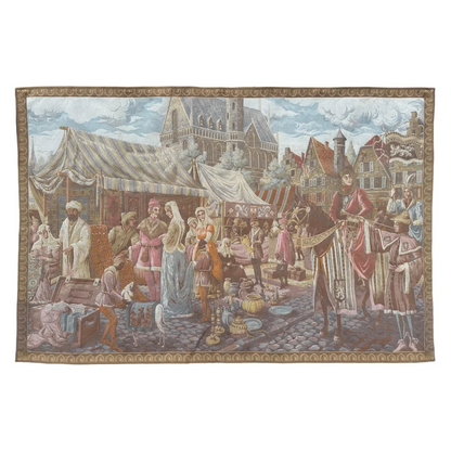 Detailed Medieval Market Belgium wall tapestry in rich earthy tones