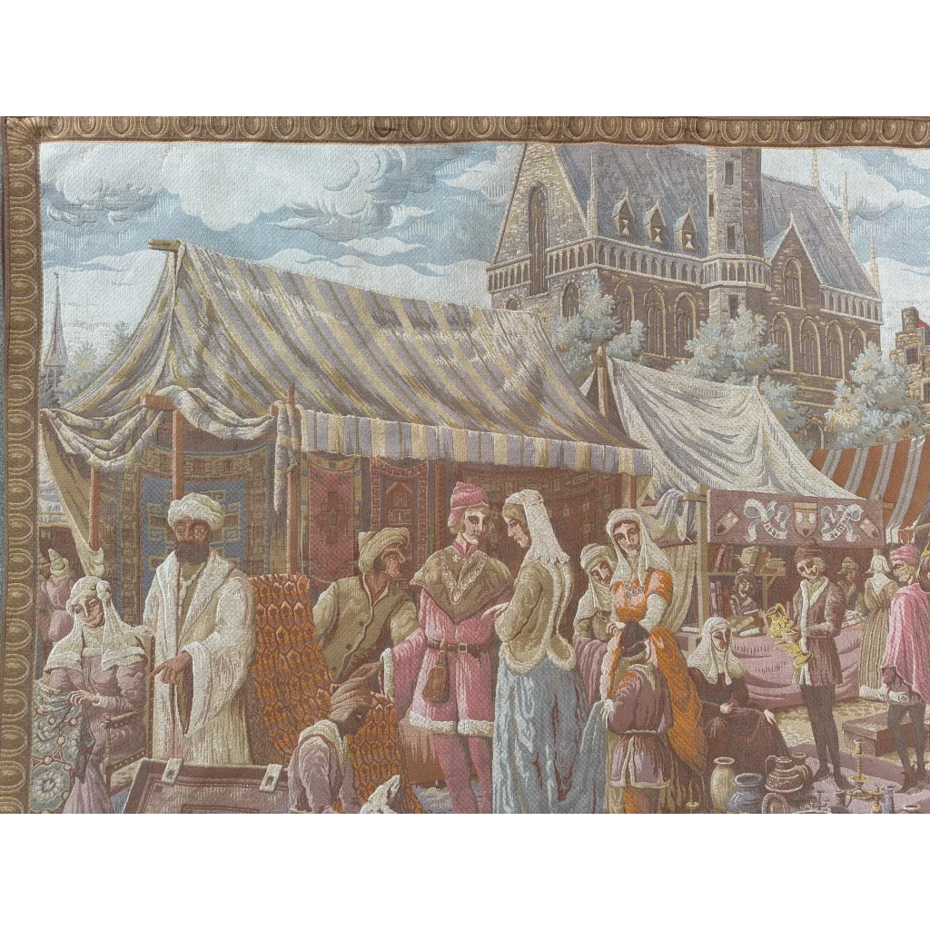 Bustling medieval market scene on Belgium wall tapestry with striped tents