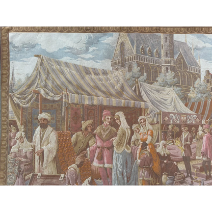 Bustling medieval market scene on Belgium wall tapestry with striped tents