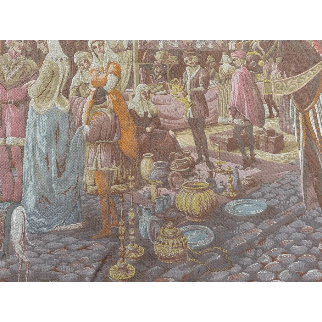 Golden ornate lantern in Medieval Market Belgium wall tapestry scene