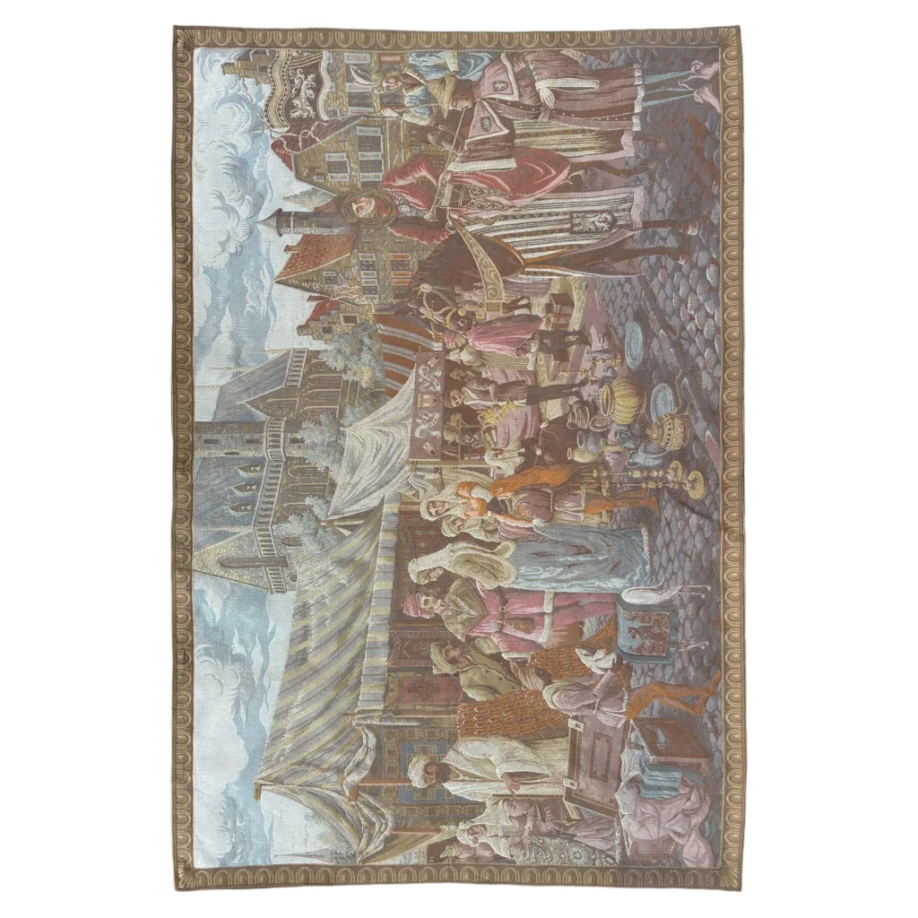Bustling medieval market scene on Belgium wall tapestry