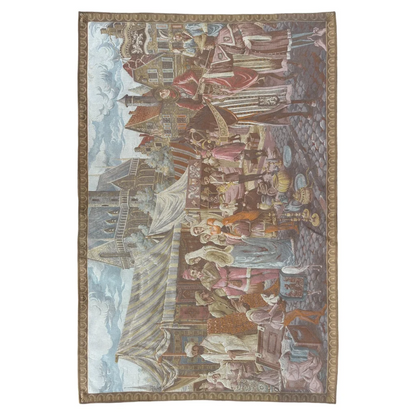 Bustling medieval market scene on Belgium wall tapestry