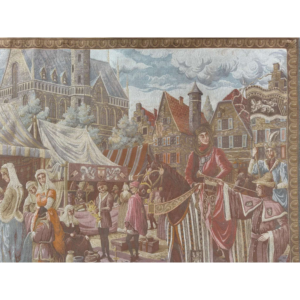 Vibrant Belgium wall tapestry of medieval market town square