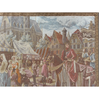 Vibrant Belgium wall tapestry of medieval market town square