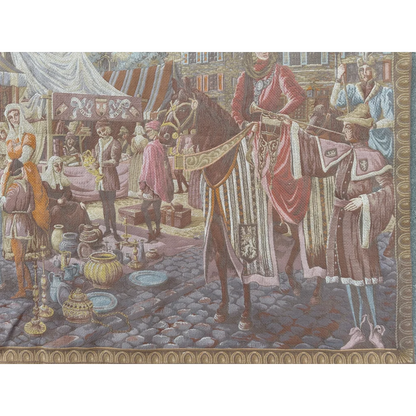 Vibrant medieval market Belgium wall tapestry scene