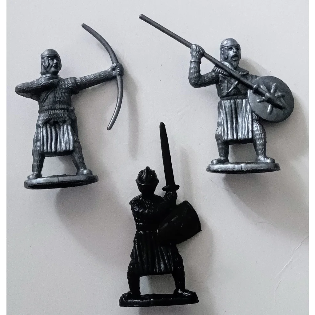 Silver medieval toy soldiers warrior figurine set with bow, arrow, shield, sword, helmet