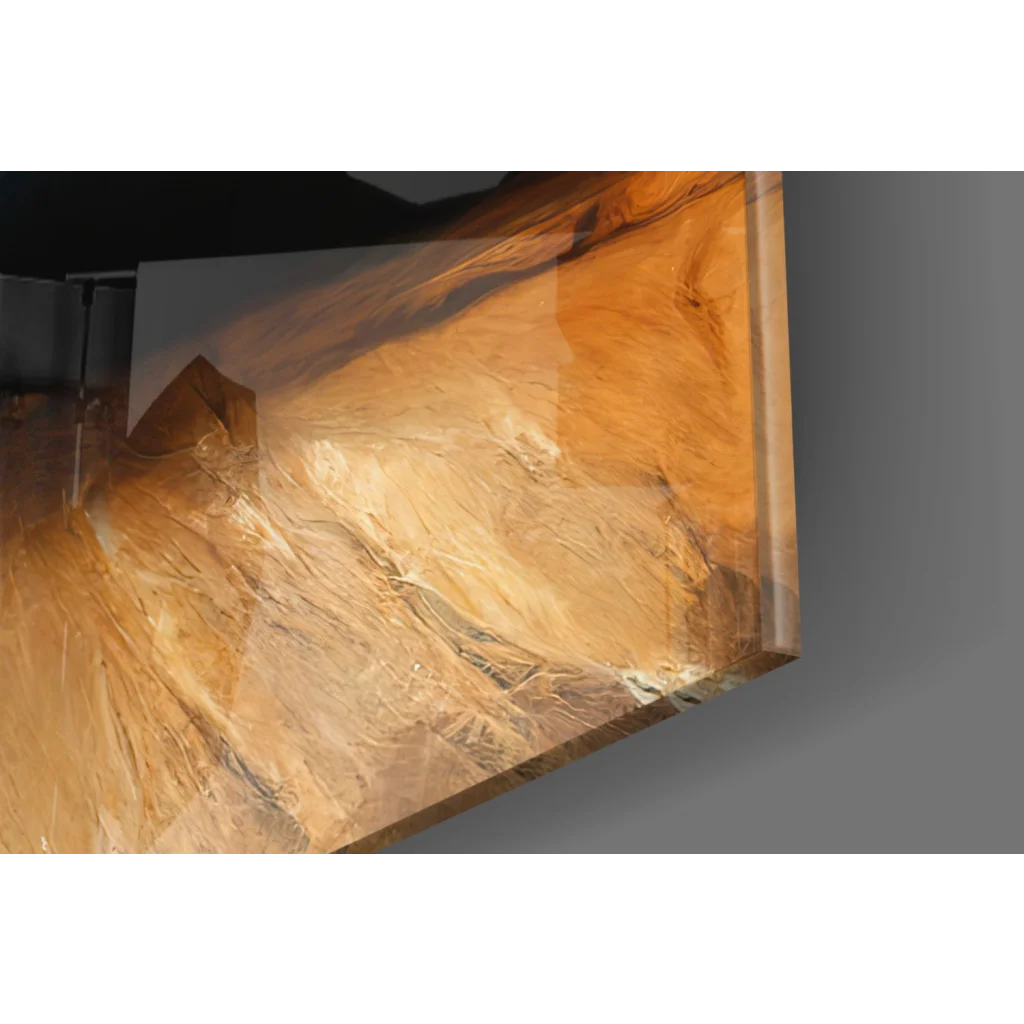 Glowing blue and gold meditation figure glass wall art on sleek amber monitor