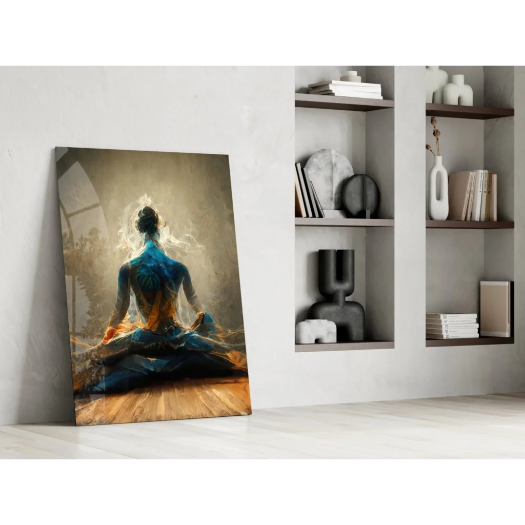 Glowing meditation figure canvas wall art in blue and gold