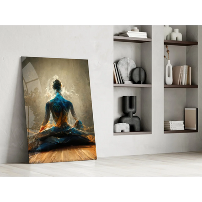 Glowing meditation figure canvas wall art in blue and gold