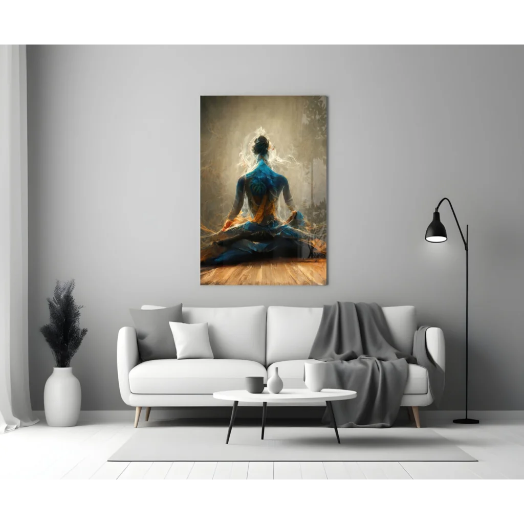 Serene blue and gold meditating figure wall art canvas above white sofa