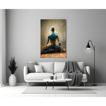 Serene blue and gold meditating figure wall art canvas above white sofa