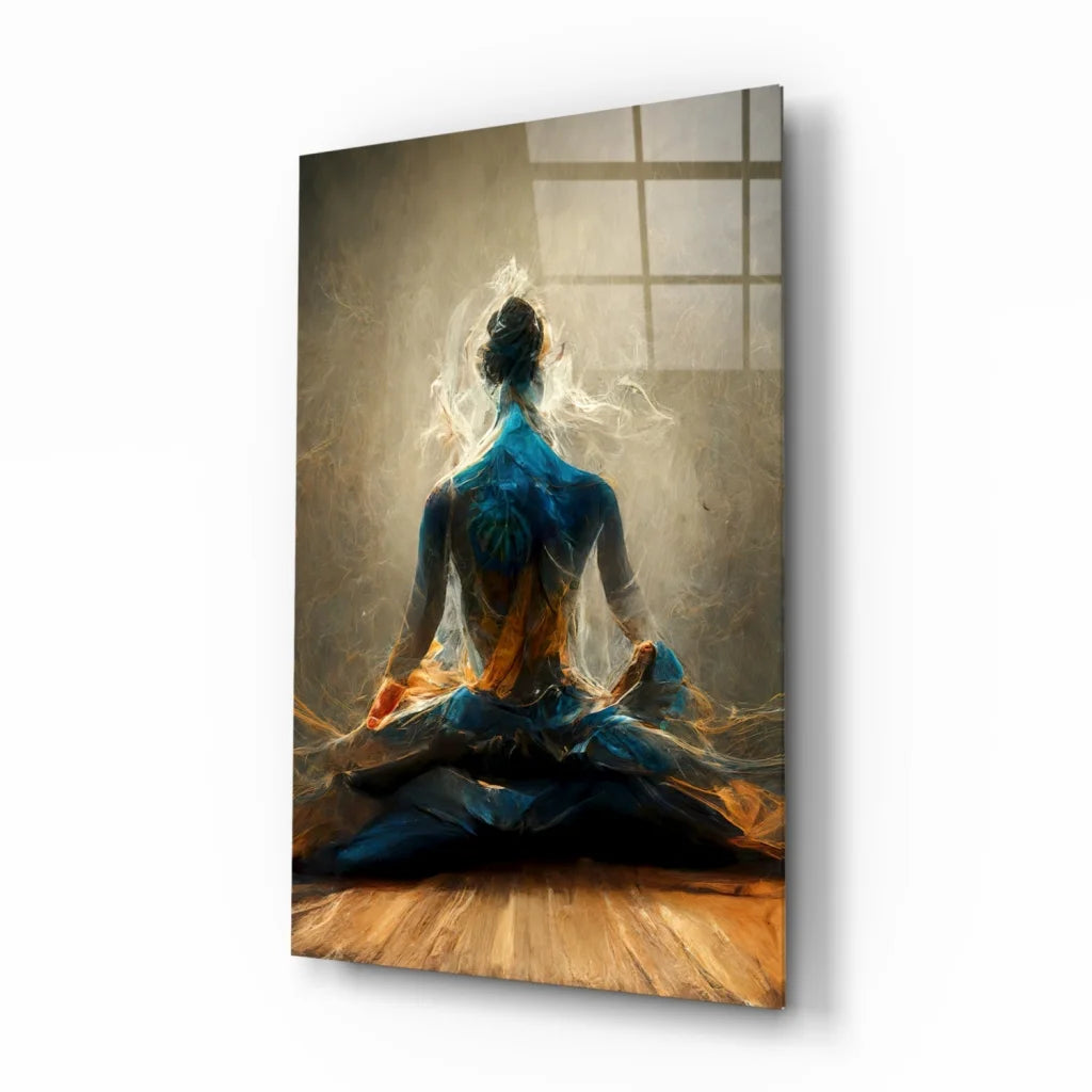 Serene meditating figure canvas wall art in blue and gold hues
