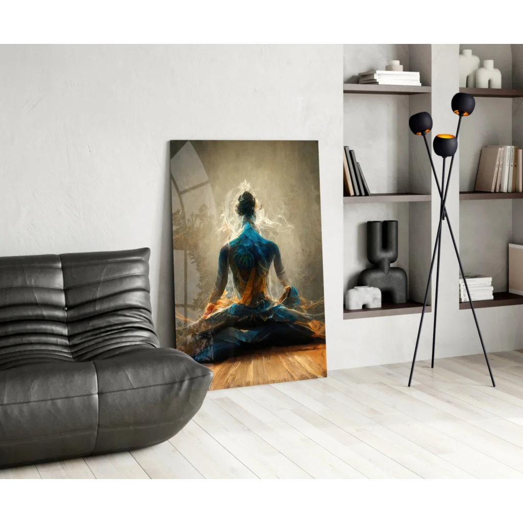 Vibrant blue and gold meditating figure canvas wall art print