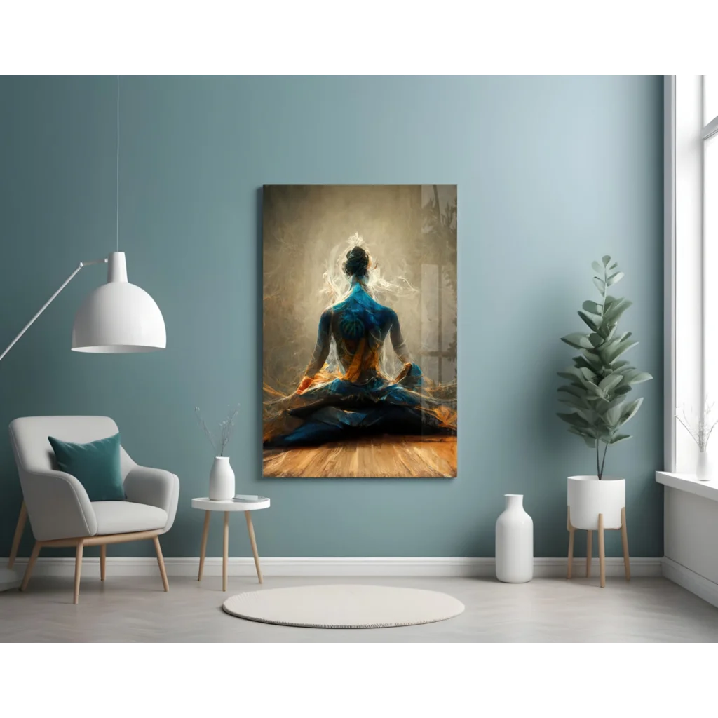 Vibrant blue and orange meditating figure canvas wall art in gold tones